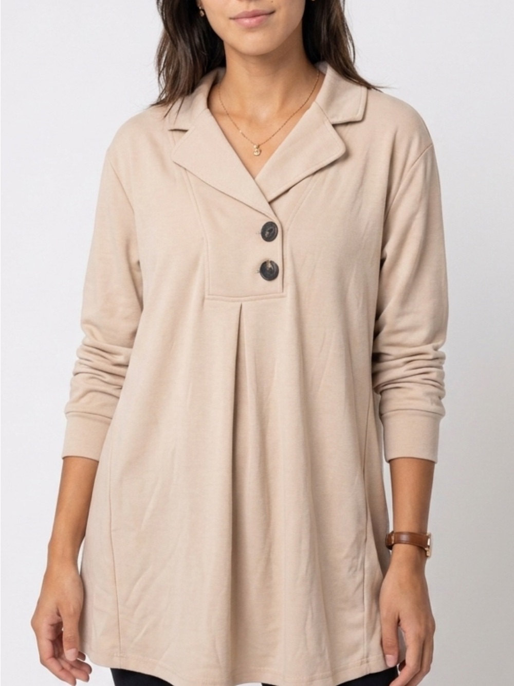 Gaharu Notched Collar Long Sleeve Tunic in Beige